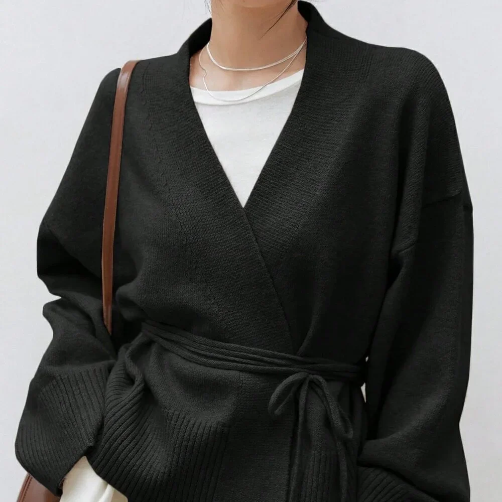 Black Casual Women's Drop Shoulder Belted Cardigan - Picture 2 of 5